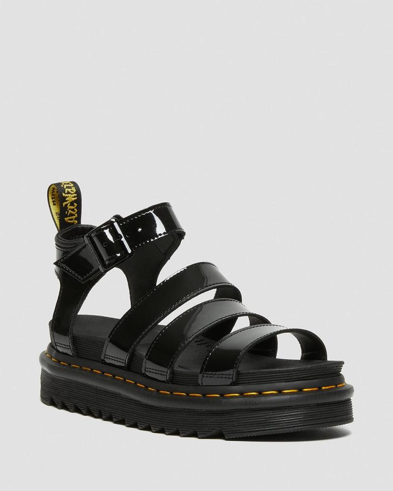 Dr Martens Blaire Lak Læder Gladiator Sandaler Dame Sort | DK 294TCE